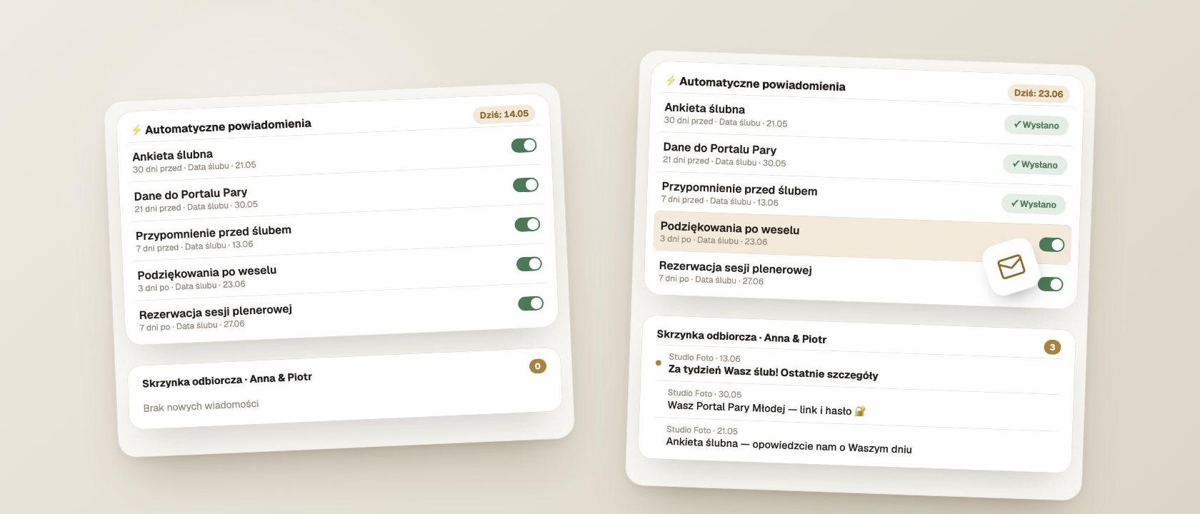Automatyczne maile do par młodych — szablony i sekwencje — ekrany Wedflow