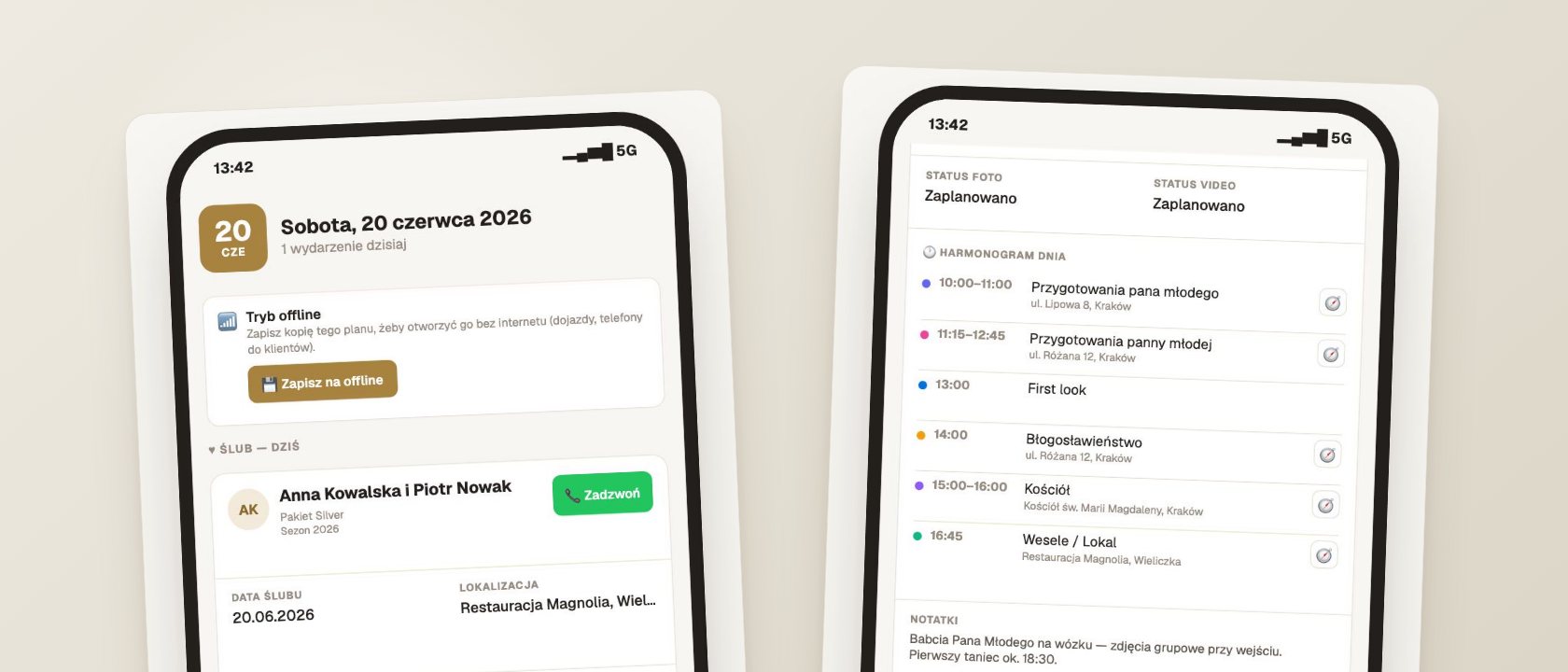 Dzień ślubu: harmonogram, pogoda i trasa w telefonie, nawet bez zasięgu — ekrany Wedflow