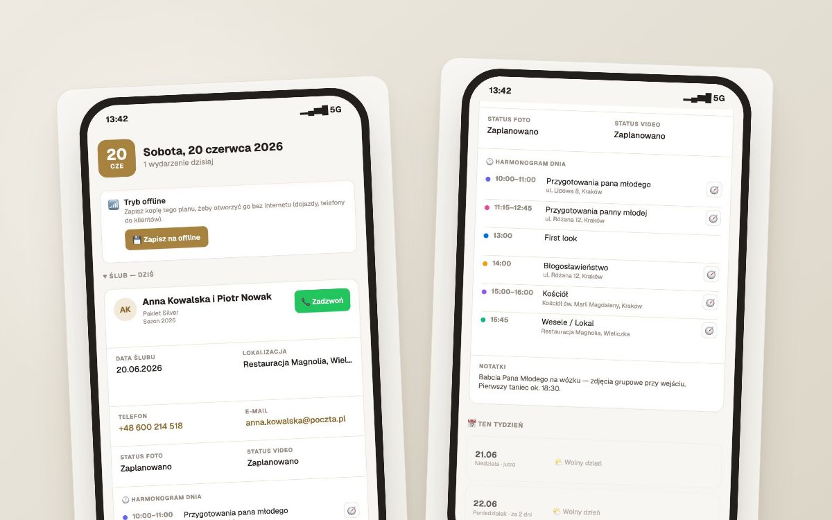 Dzień ślubu: harmonogram, pogoda i trasa w telefonie, nawet bez zasięgu  — ekrany Wedflow