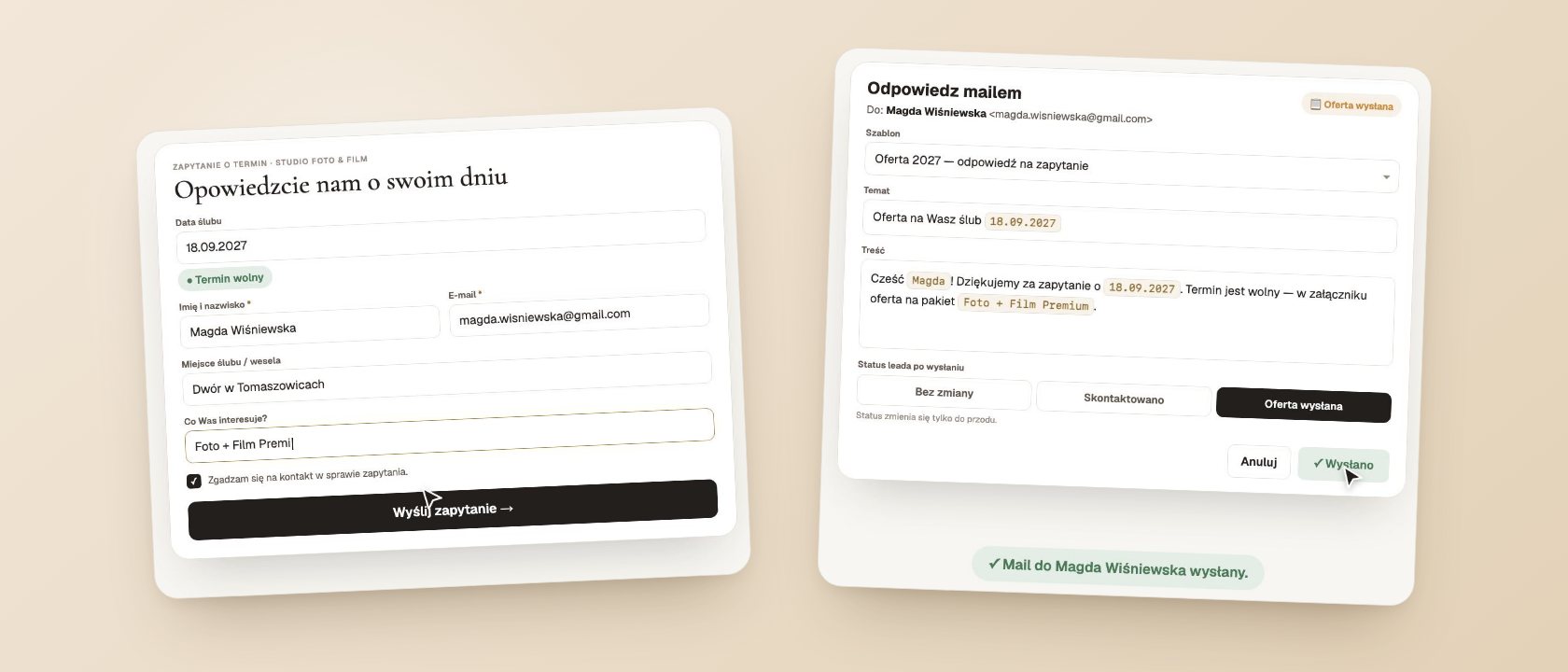 Formularz zapytań na stronę: każde zapytanie od razu w CRM — ekrany Wedflow