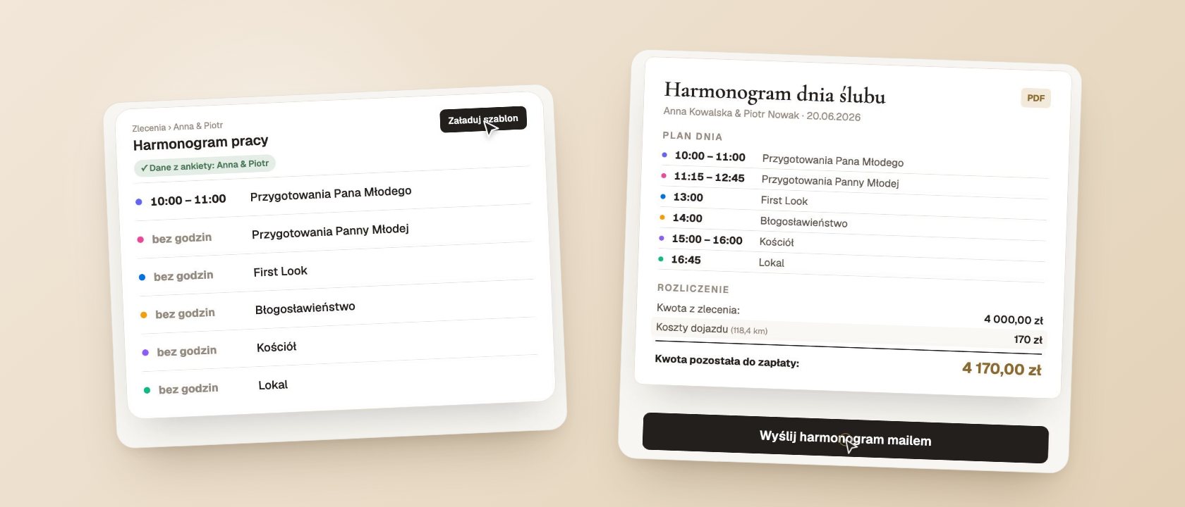 Harmonogram dnia ślubu — gotowy wzór  — ekrany Wedflow