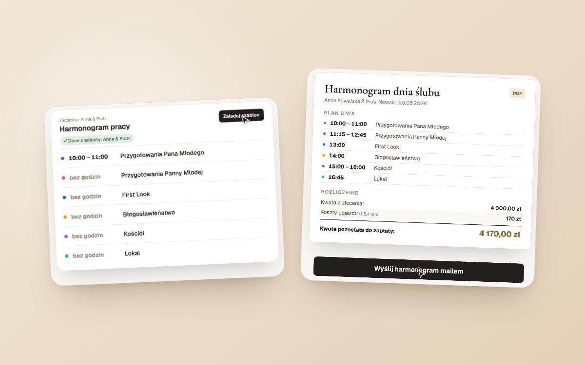 Harmonogram dnia ślubu — gotowy wzór  — ekrany Wedflow