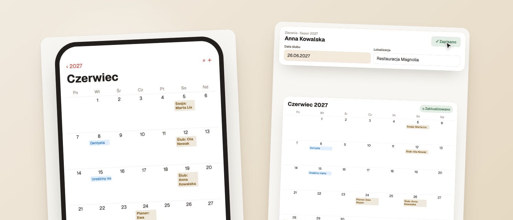 Kalendarz fotografa ślubnego: zlecenia same w Google i Apple Calendar — ekrany Wedflow
