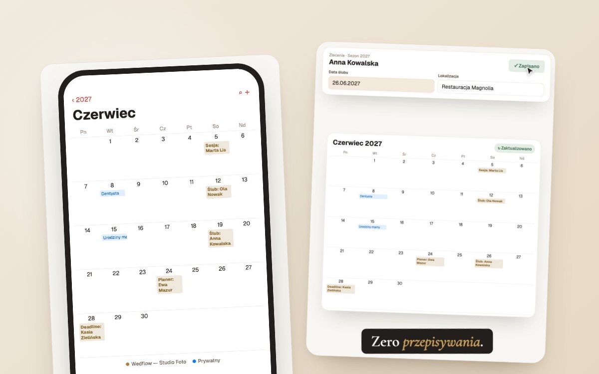 Kalendarz fotografa ślubnego: zlecenia same w Google i Apple Calendar  — ekrany Wedflow