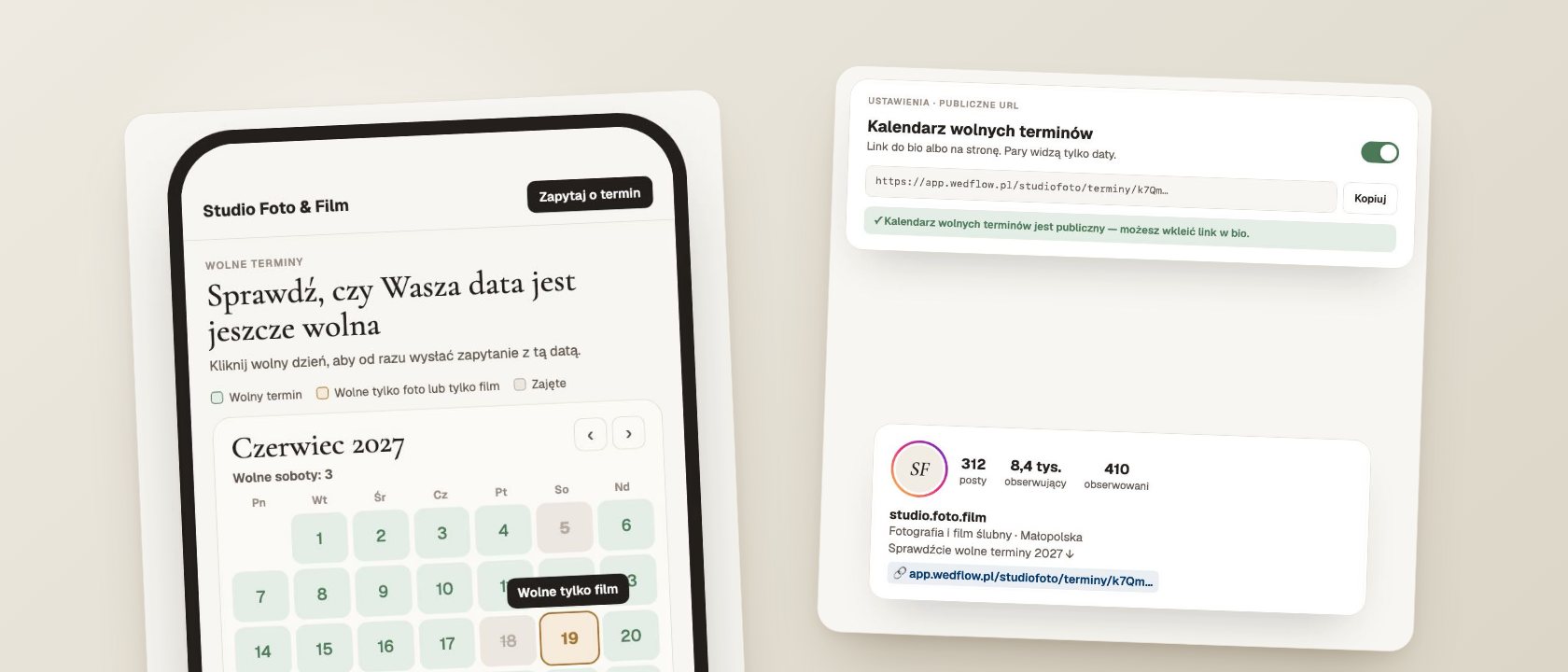 Kalendarz wolnych terminów: link w bio zamiast pytań w DM — ekrany Wedflow