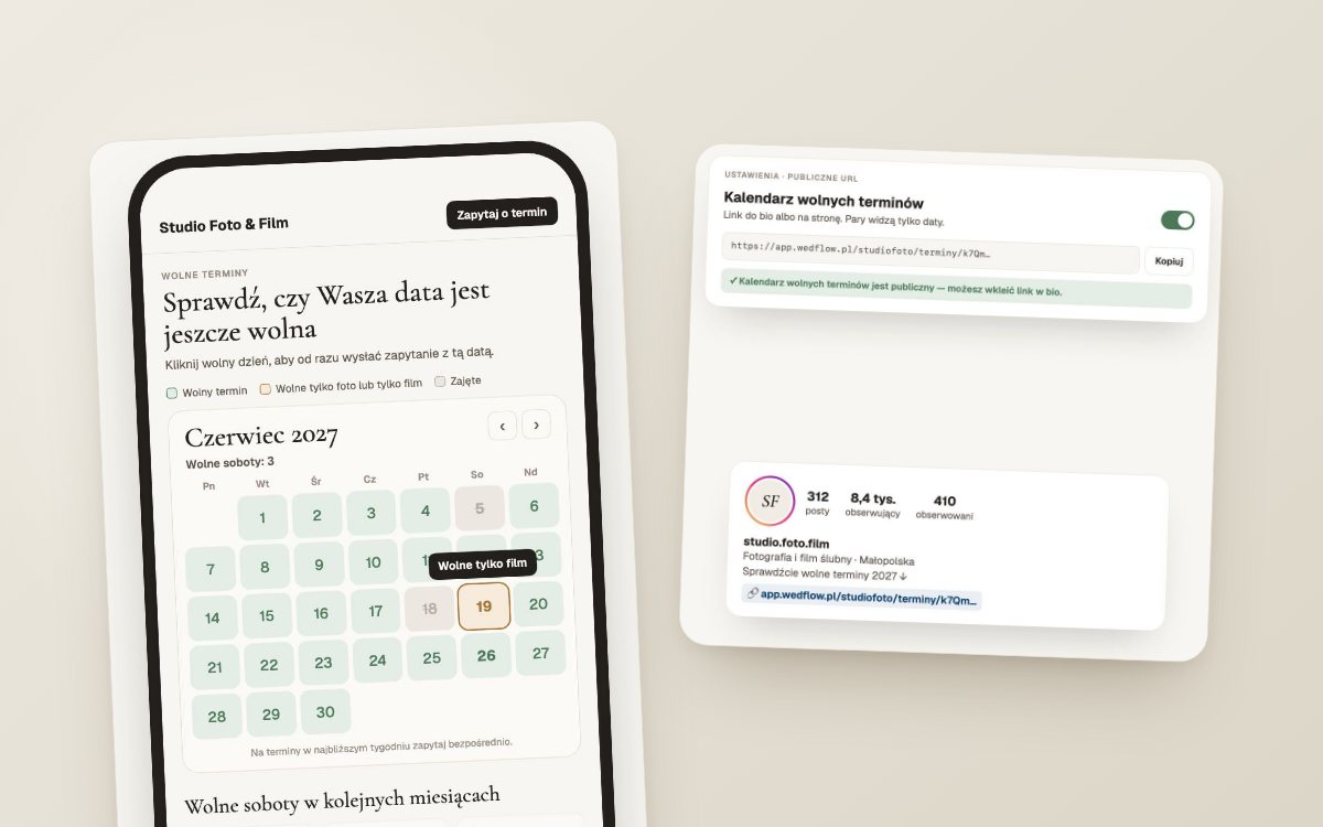 Kalendarz wolnych terminów: link w bio zamiast pytań w DM  — ekrany Wedflow