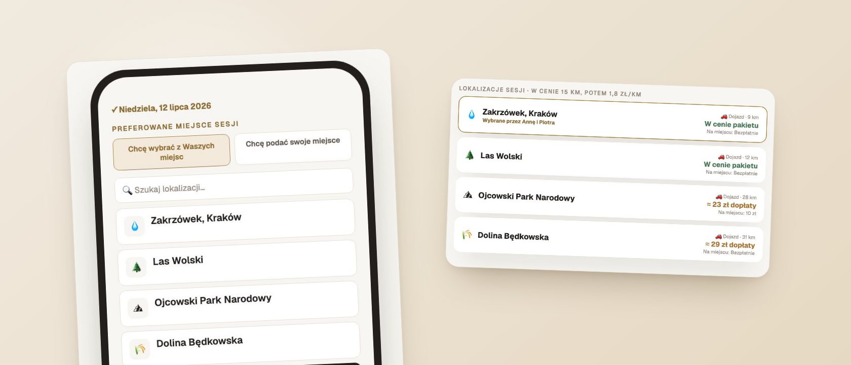 Rezerwacja sesji plenerowej online: termin, miejsce i dojazd w jednym linku  — ekrany Wedflow