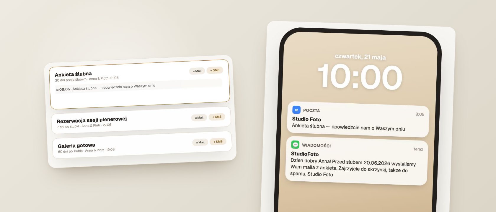 SMS do pary młodej: automatyczne powiadomienia, które docierają — ekrany Wedflow