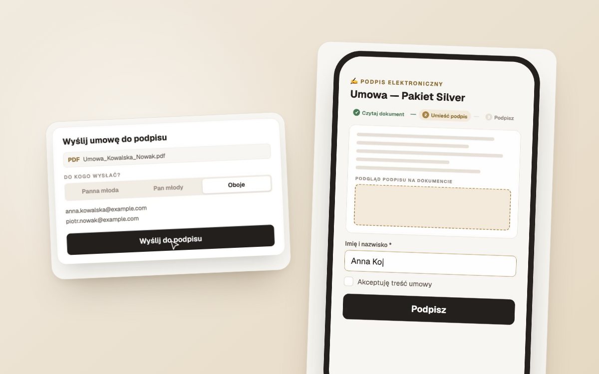 Umowa fotograf ślubny — wzór i e-podpis online  — ekrany Wedflow