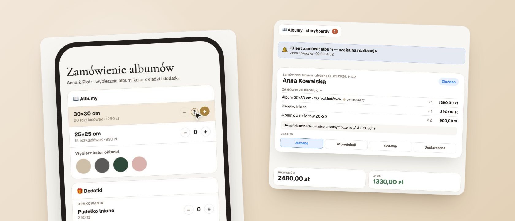 Albumy ślubne: zamówienia od par bez tygodnia maili — ekrany Wedflow